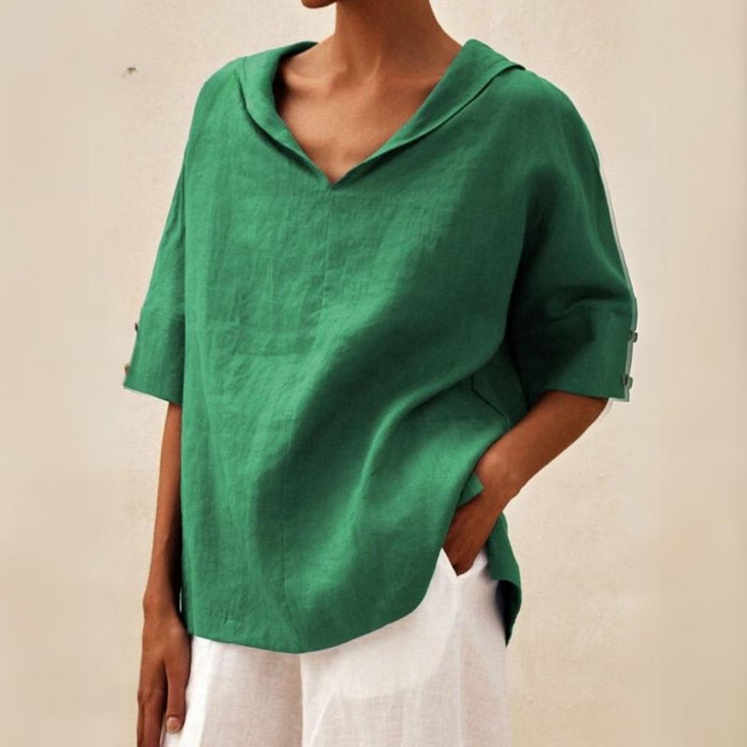 Women's Linen-Look Collared V-Neck Top