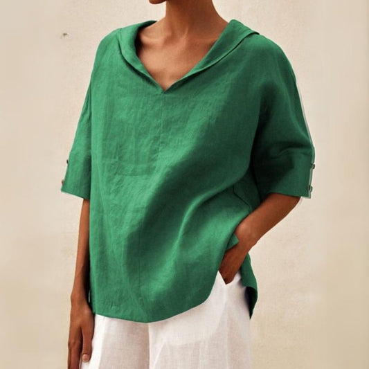 Women's Linen-Look Collared V-Neck Top