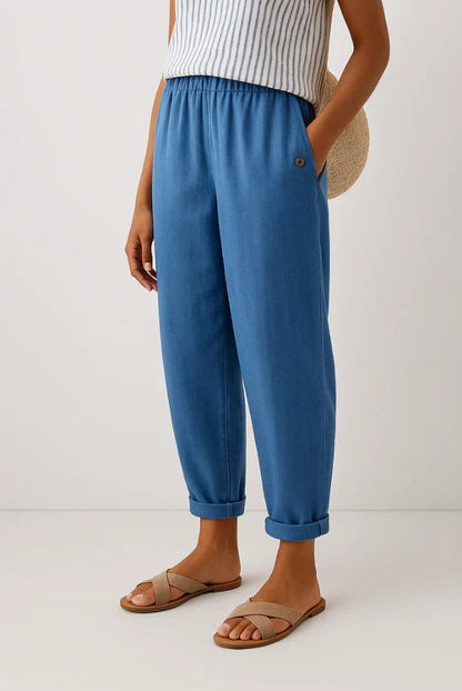 Women's Linen-Look Tapered Trousers with Cuffed Hem