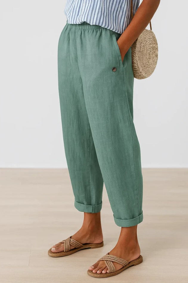 Women's Linen-Look Tapered Trousers with Cuffed Hem