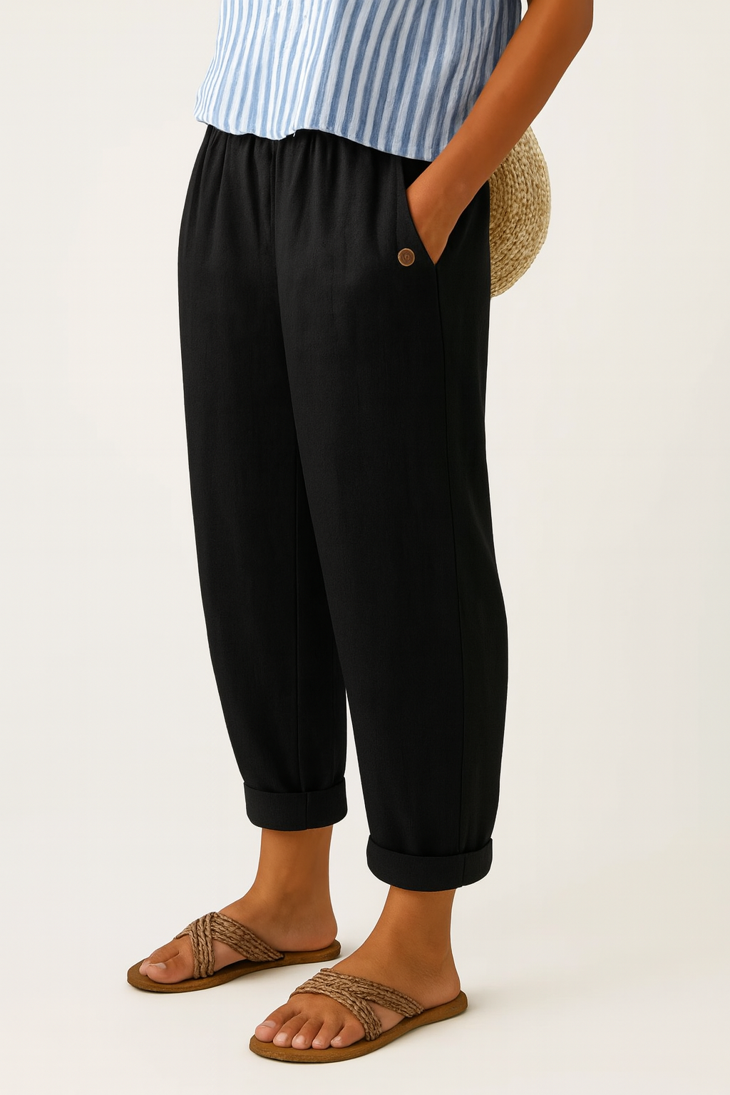 Women's Linen-Look Tapered Trousers with Cuffed Hem