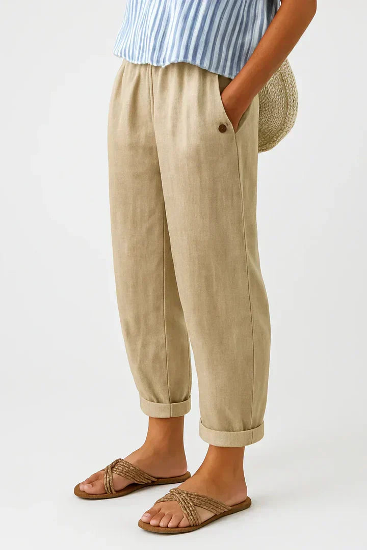Women's Linen-Look Tapered Trousers with Cuffed Hem