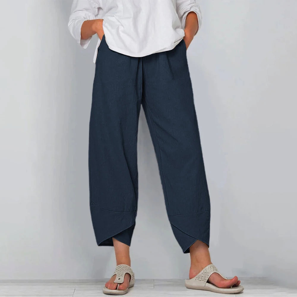 Women's Linen-Look Wide-Leg Trousers with Asymmetric Hem