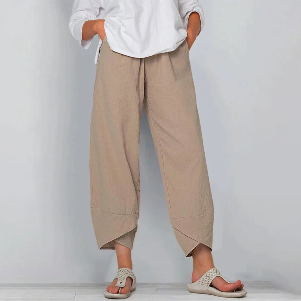 Women's Linen-Look Wide-Leg Trousers with Asymmetric Hem