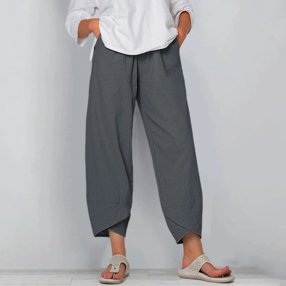 Women's Linen-Look Wide-Leg Trousers with Asymmetric Hem