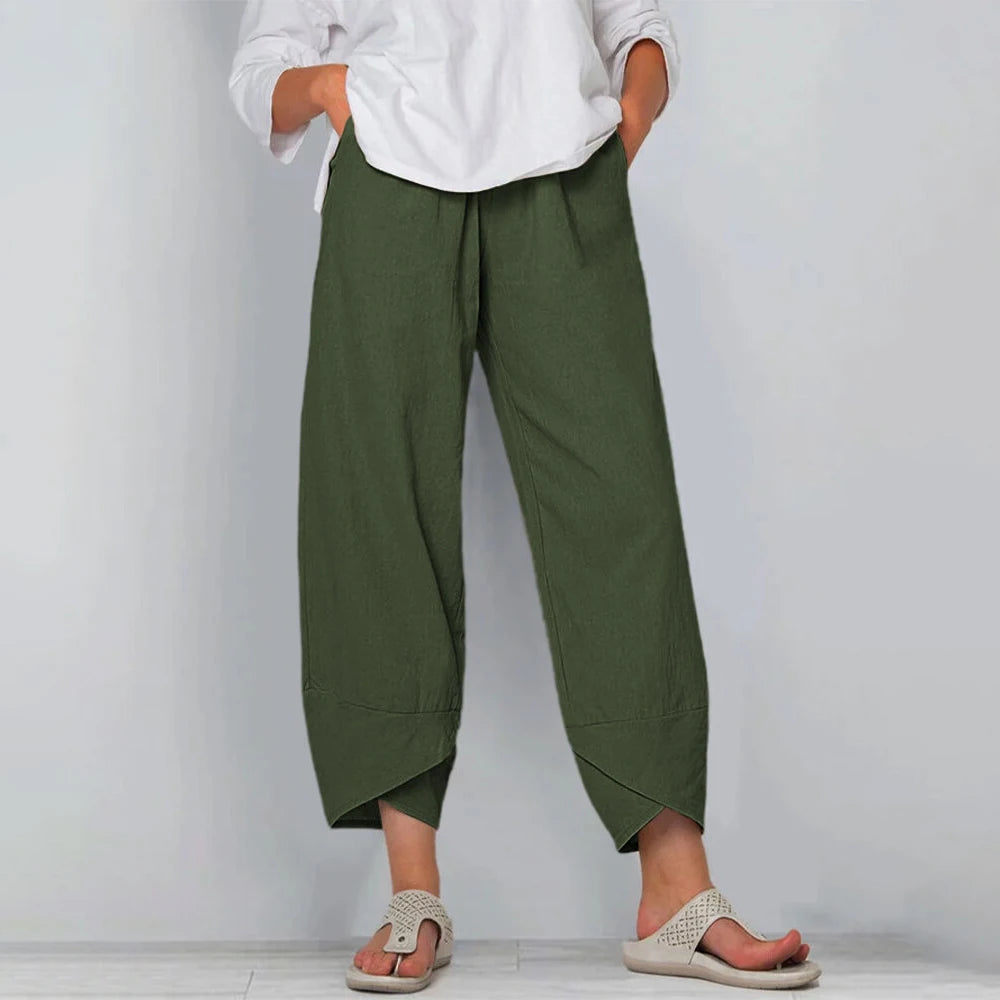 Women's Linen-Look Wide-Leg Trousers with Asymmetric Hem