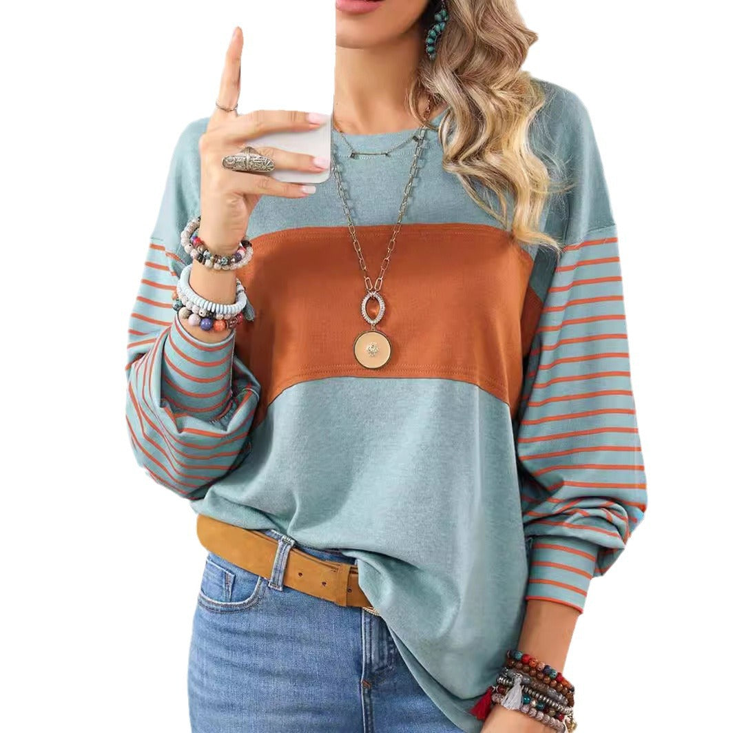 Women's Colour-Block Long-Sleeve Tee with Striped Sleeves
