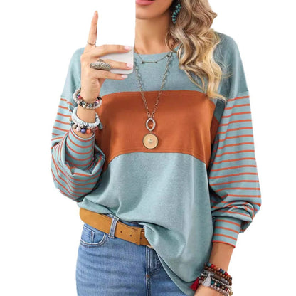 Women's Colour-Block Long-Sleeve Tee with Striped Sleeves