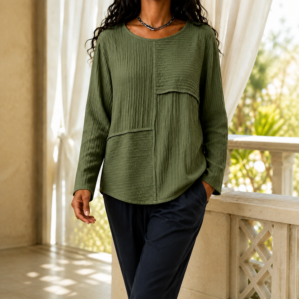 Women's Mixed-Texture Long-Sleeve Top