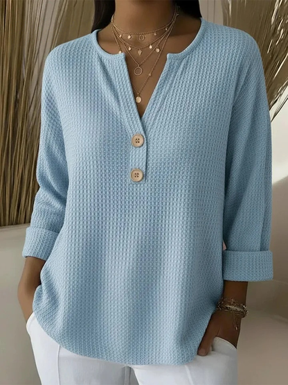 Women's Waffle-Knit Henley Top with 3/4 Sleeves