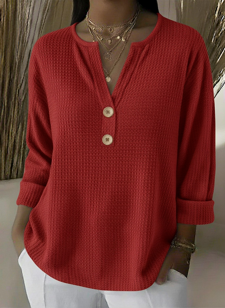 Women's Waffle-Knit Henley Top with 3/4 Sleeves