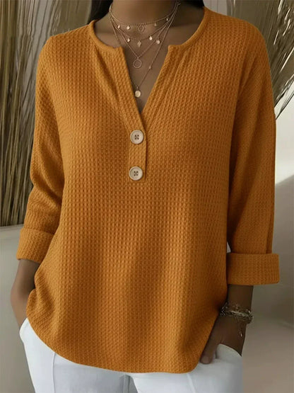 Women's Waffle-Knit Henley Top with 3/4 Sleeves