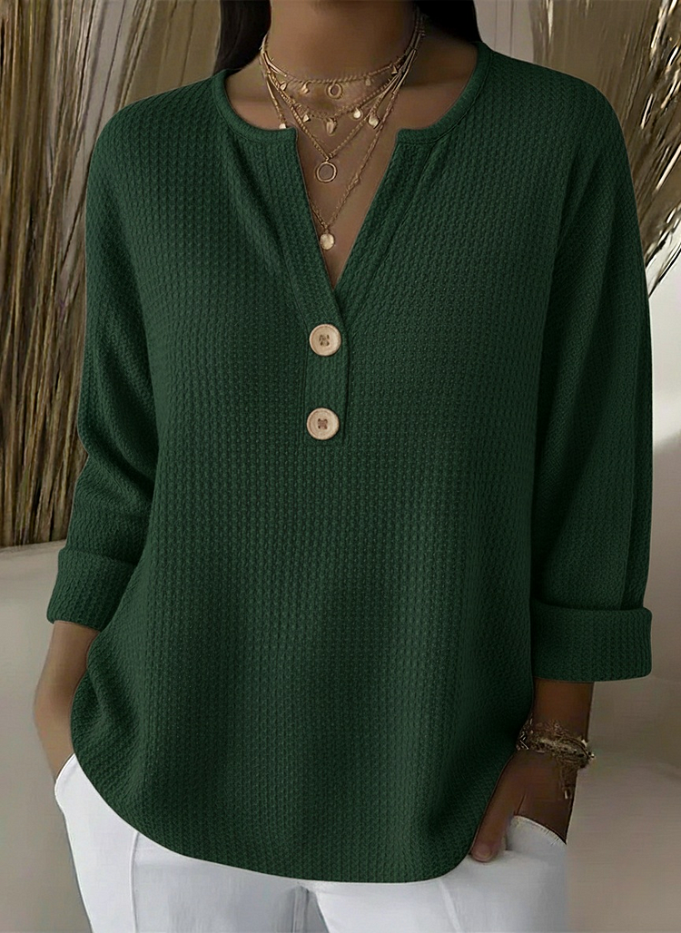 Women's Waffle-Knit Henley Top with 3/4 Sleeves