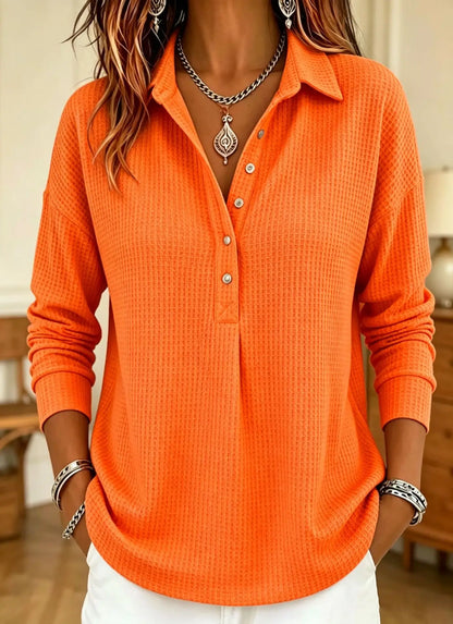 Women's Long-Sleeve Waffle-Knit Polo Top