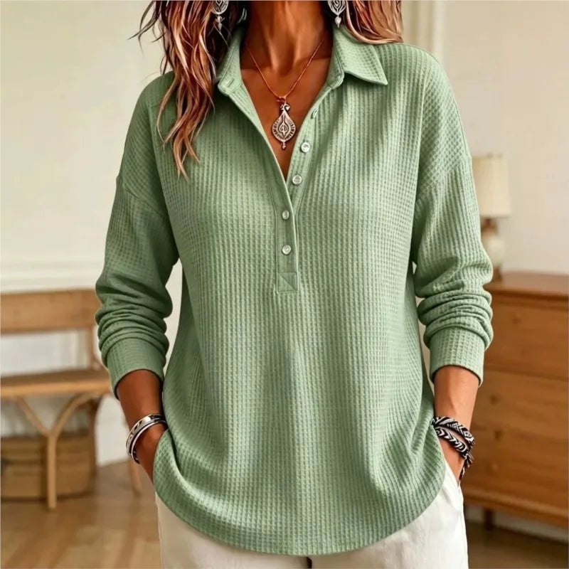 Women's Long-Sleeve Waffle-Knit Polo Top