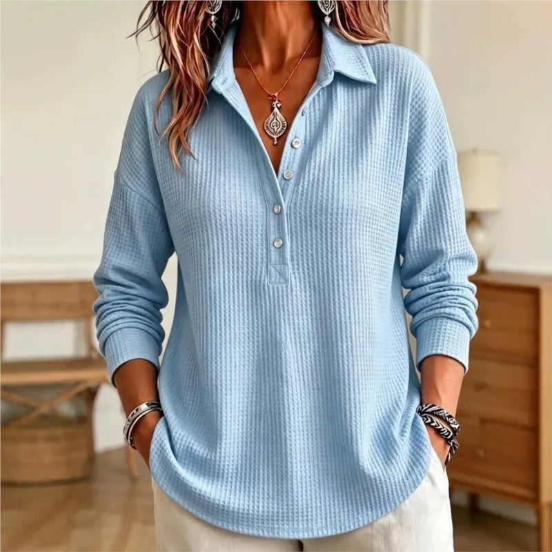 Women's Long-Sleeve Waffle-Knit Polo Top