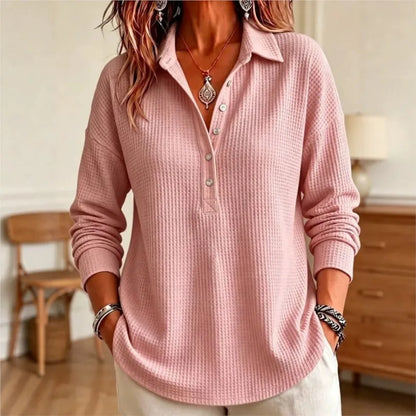 Women's Long-Sleeve Waffle-Knit Polo Top