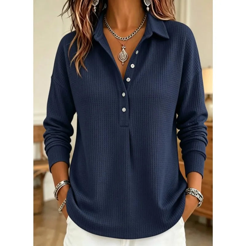 Women's Long-Sleeve Waffle-Knit Polo Top
