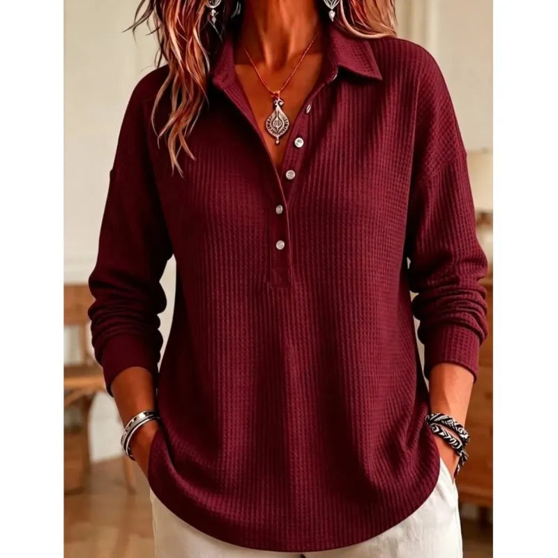Women's Long-Sleeve Waffle-Knit Polo Top