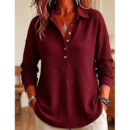 Women's Long-Sleeve Waffle-Knit Polo Top