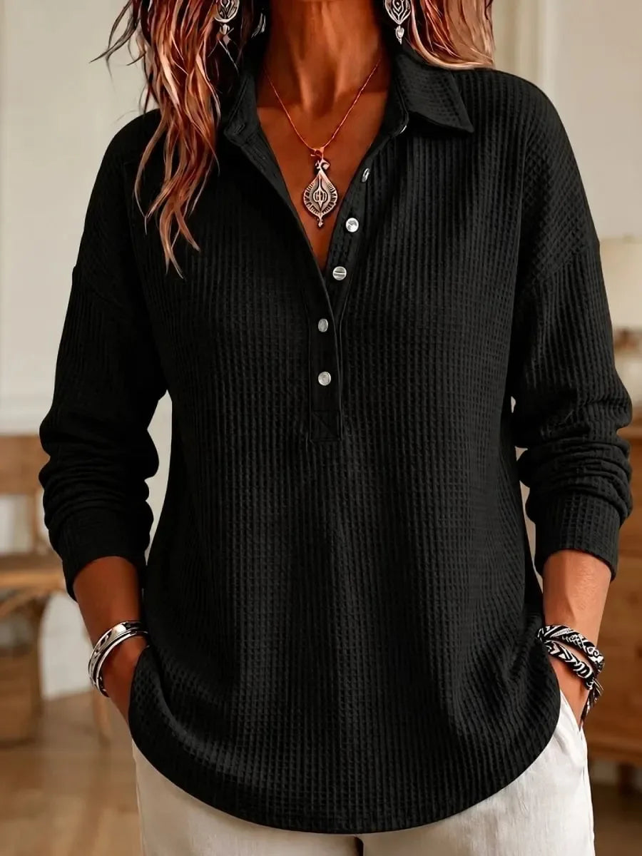 Women's Long-Sleeve Waffle-Knit Polo Top