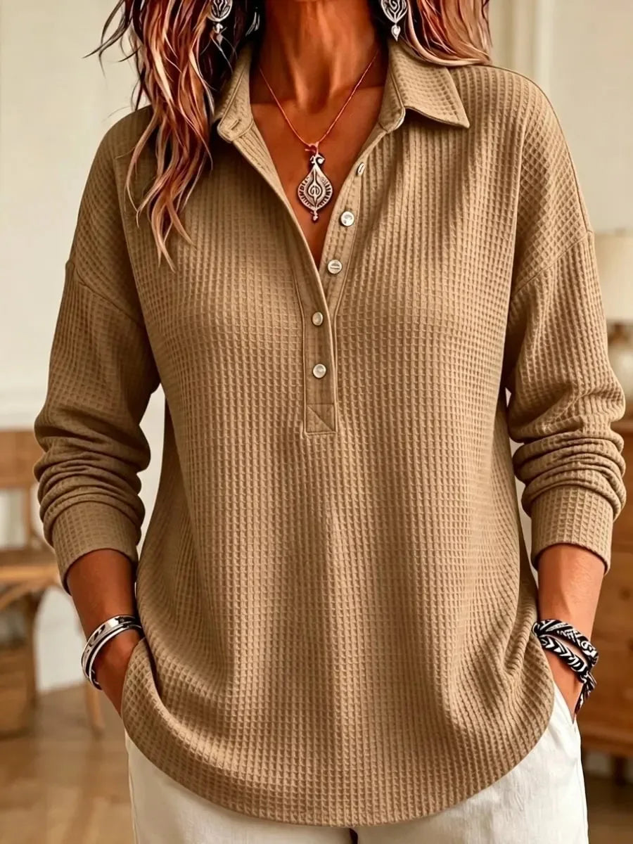 Women's Long-Sleeve Waffle-Knit Polo Top