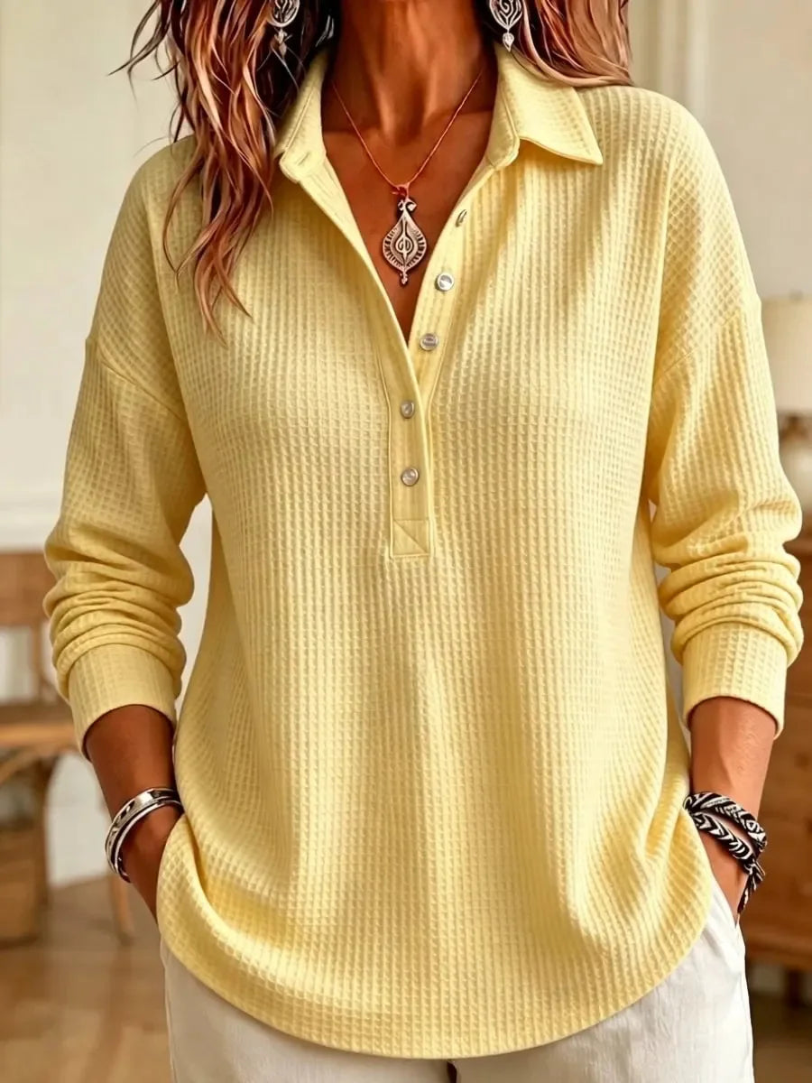 Women's Long-Sleeve Waffle-Knit Polo Top