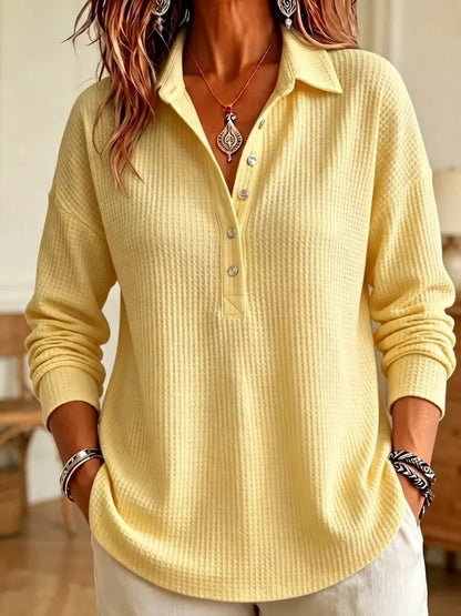 Women's Long-Sleeve Waffle-Knit Polo Top