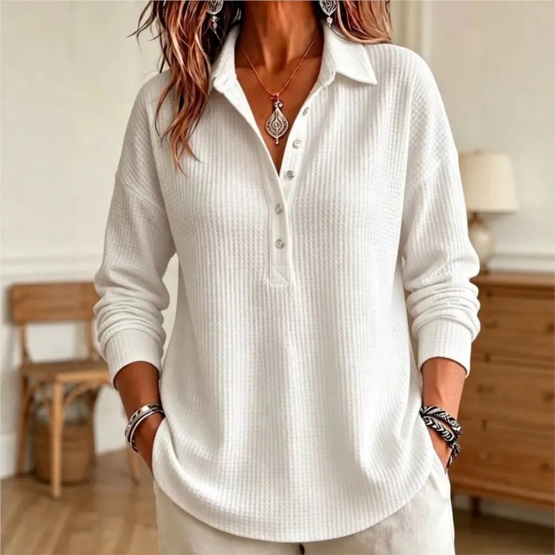 Women's Long-Sleeve Waffle-Knit Polo Top