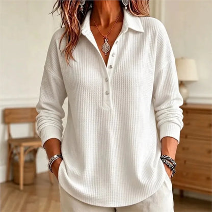 Women's Long-Sleeve Waffle-Knit Polo Top