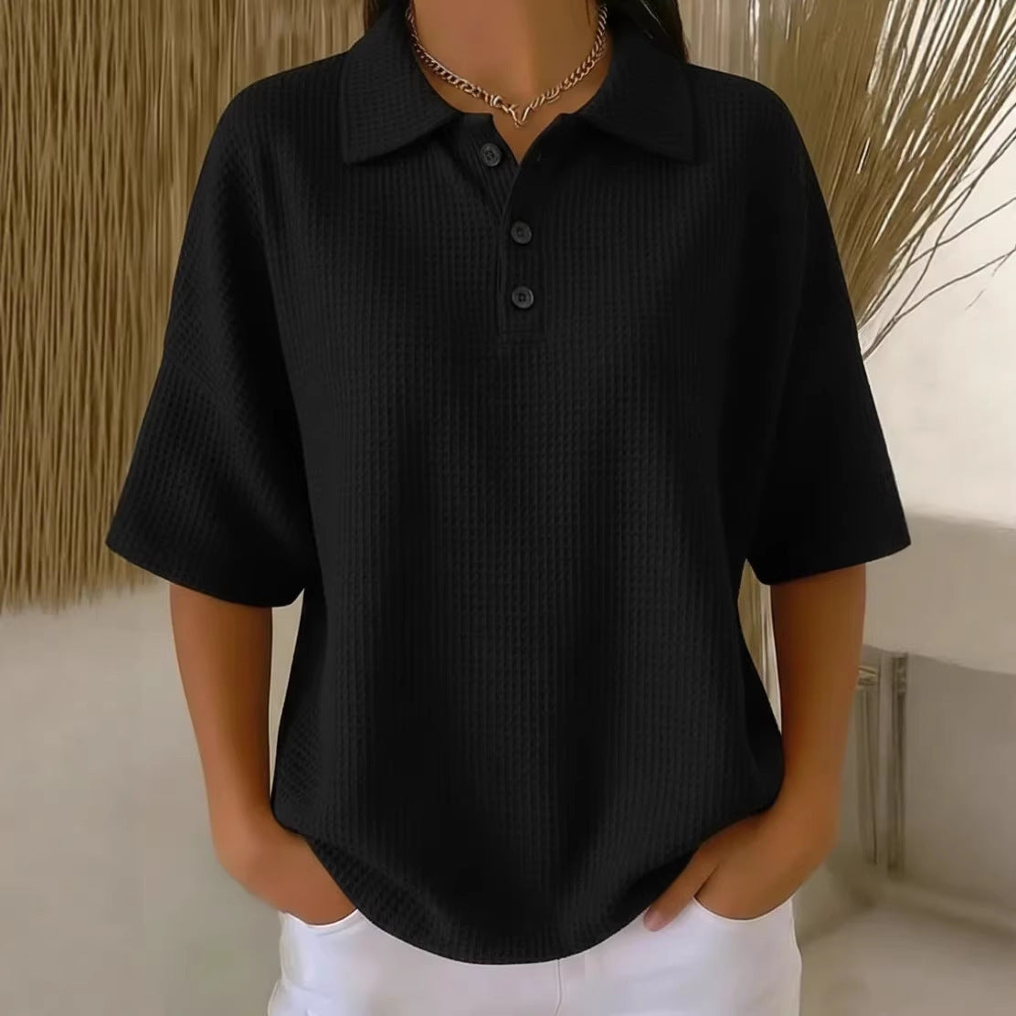 Women's Relaxed Waffle-Knit Polo Shirt