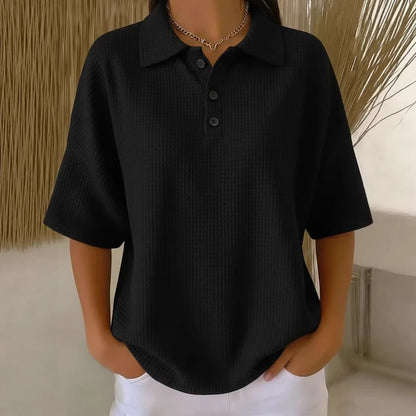 Women's Relaxed Waffle-Knit Polo Shirt