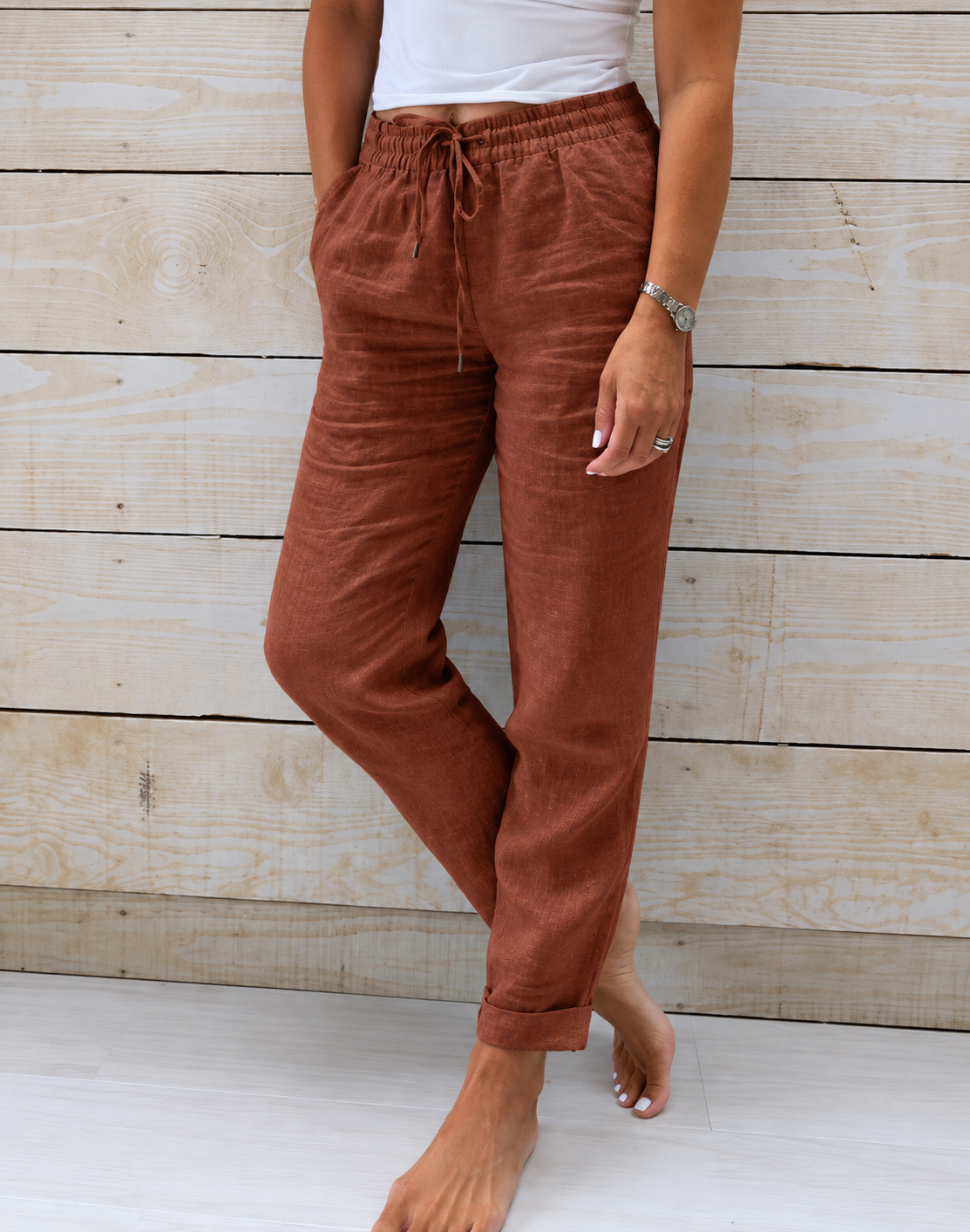 Women's Linen-Look Straight-Leg Drawstring Trousers
