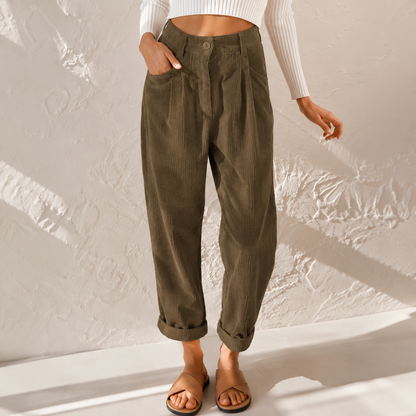 Women's Tapered Corduroy Trousers with Rolled Hem