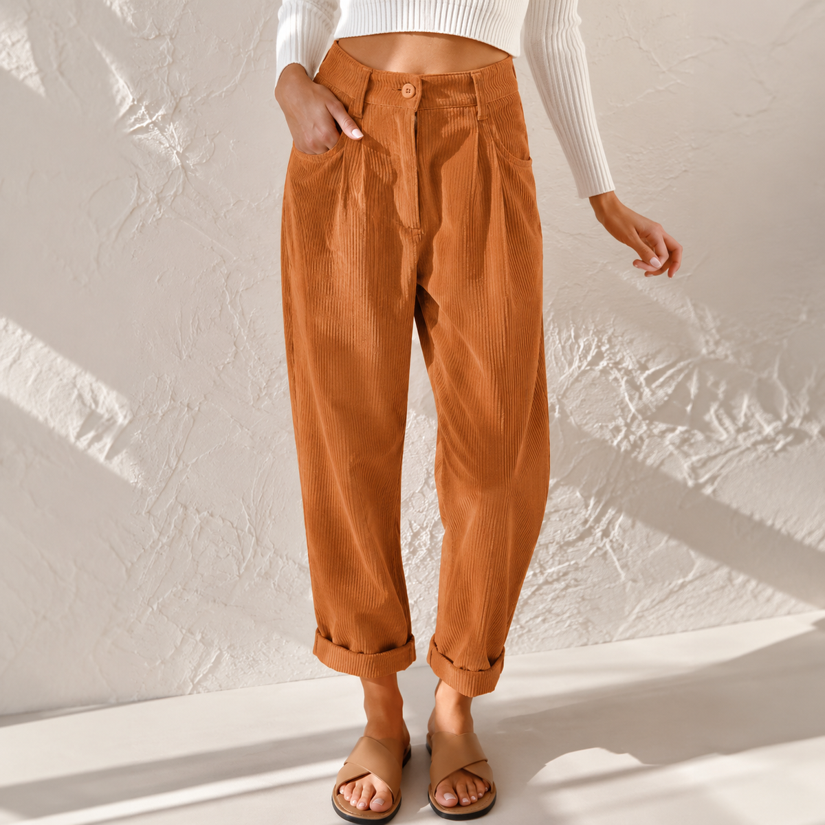Women's Tapered Corduroy Trousers with Rolled Hem