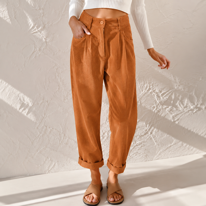 Women's Tapered Corduroy Trousers with Rolled Hem