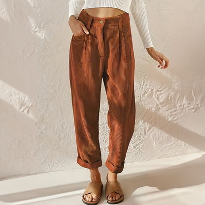 Women's Tapered Corduroy Trousers with Rolled Hem