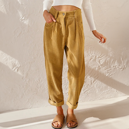 Women's Tapered Corduroy Trousers with Rolled Hem