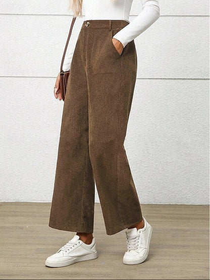 Women's Corduroy Wide-Leg Trousers with Elasticated Waist and Patch Pockets