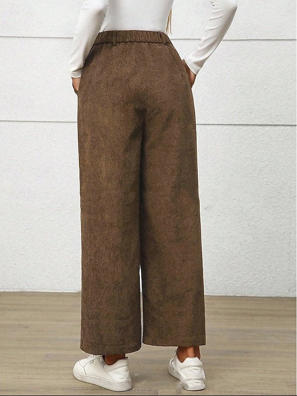 Women's Corduroy Wide-Leg Trousers with Elasticated Waist and Patch Pockets