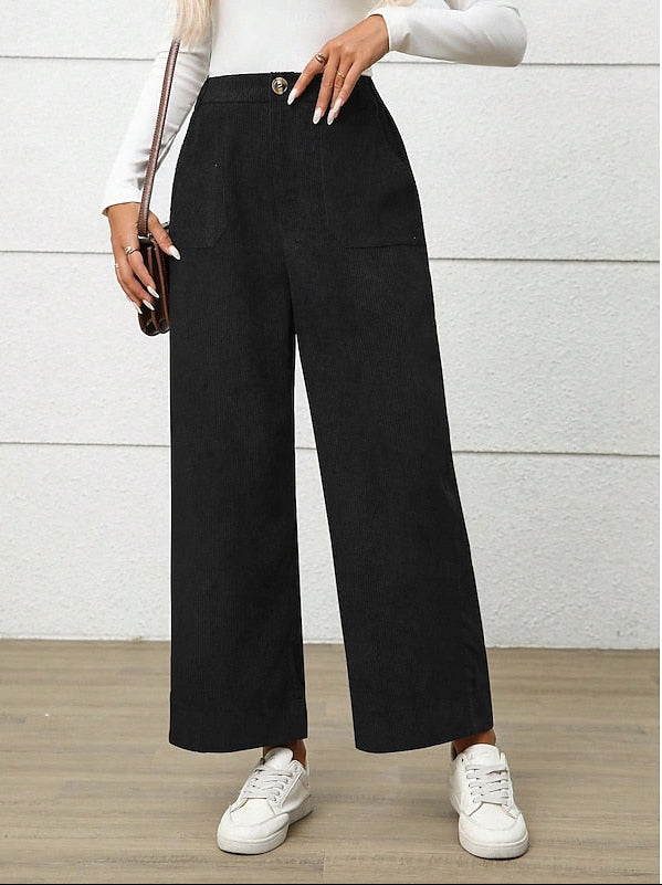 Women's Corduroy Wide-Leg Trousers with Elasticated Waist and Patch Pockets