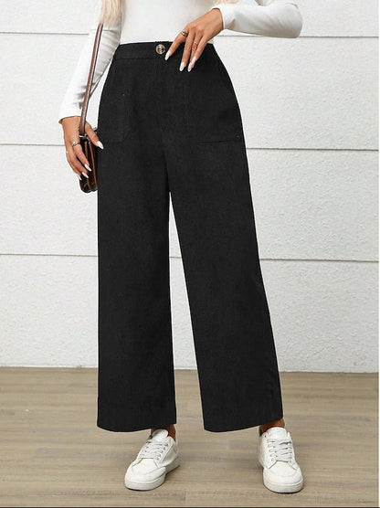 Women's Corduroy Wide-Leg Trousers with Elasticated Waist and Patch Pockets