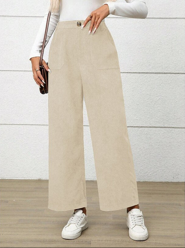 Women's Corduroy Wide-Leg Trousers with Elasticated Waist and Patch Pockets
