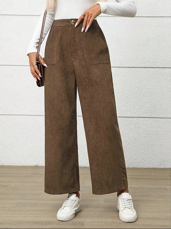 Women's Corduroy Wide-Leg Trousers with Elasticated Waist and Patch Pockets