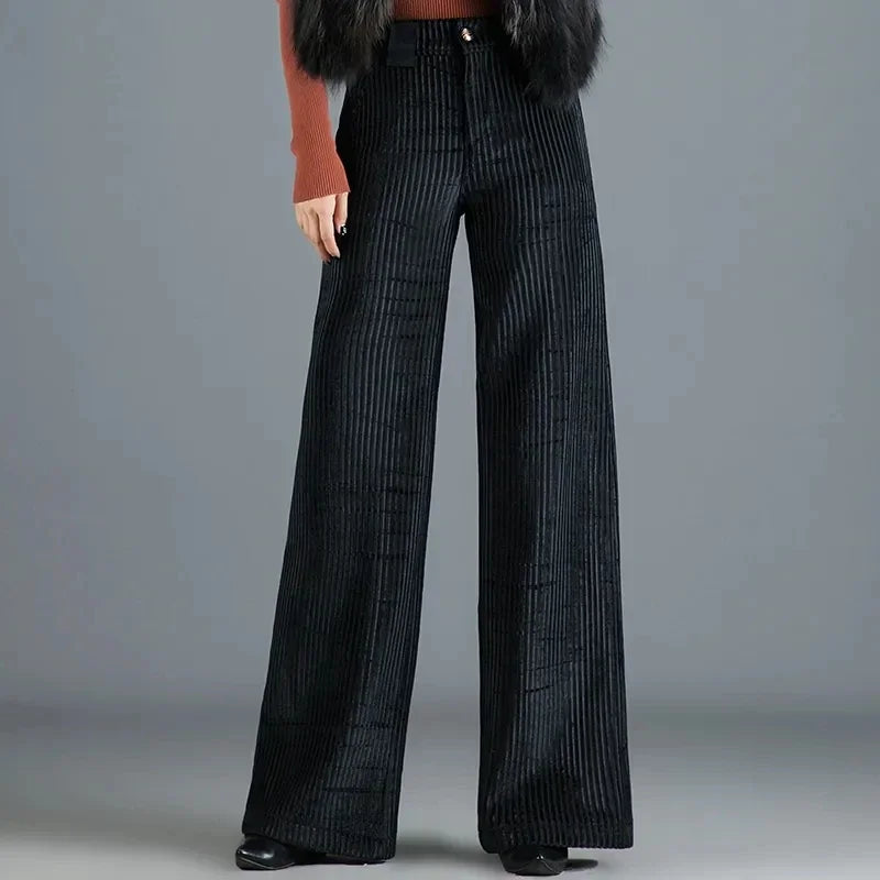 Women's Wide-Leg Corduroy Trousers with Satin Waistband