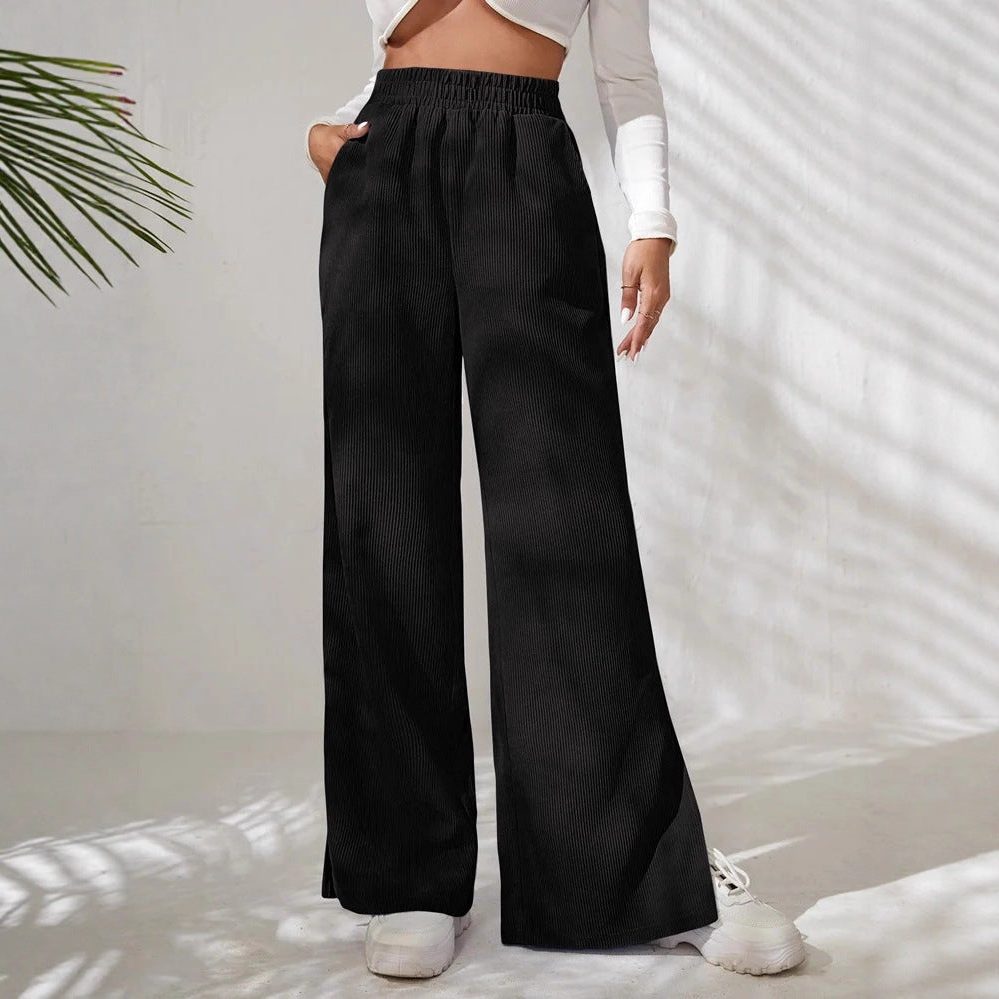 Women's Elasticated Wide-Leg Corduroy Trousers with Side Slits