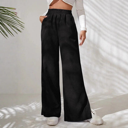 Women's Elasticated Wide-Leg Corduroy Trousers with Side Slits