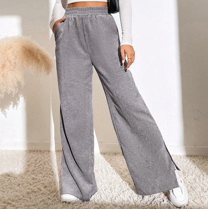 Women's Elasticated Wide-Leg Corduroy Trousers with Side Slits