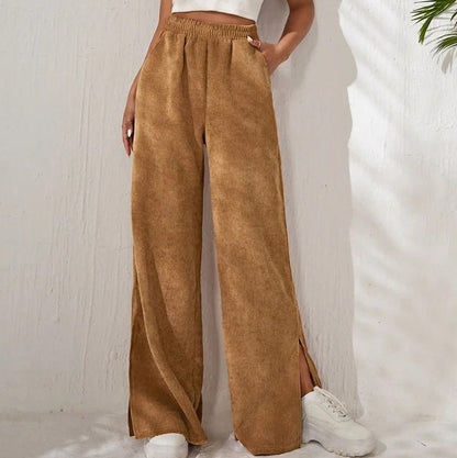 Women's Elasticated Wide-Leg Corduroy Trousers with Side Slits