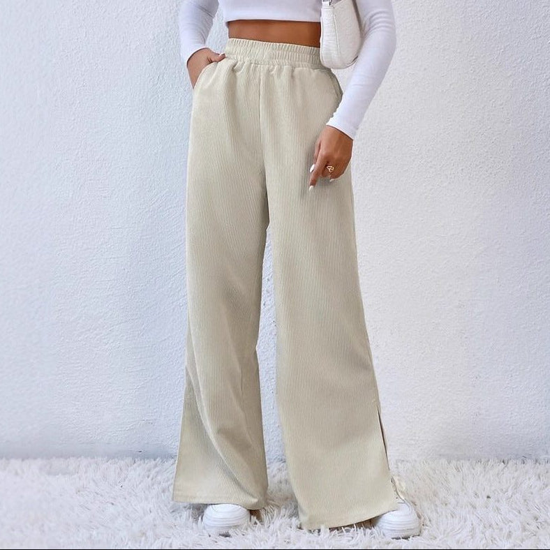 Women's Elasticated Wide-Leg Corduroy Trousers with Side Slits